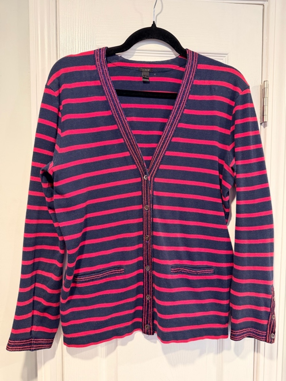 J. Crew Size S Red Navy Blue Stripe Stretch Cotton Sparkle Trim Cardigan Top